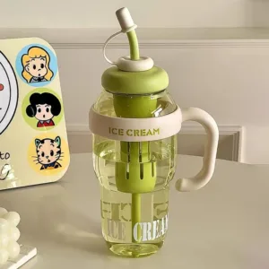 Approx 1300ML Large Capacity Cute Ice Cream Themed Water Bottle with Handle, Straw & Fruit Infuser – Leakproof Sipper for Kids & Adults