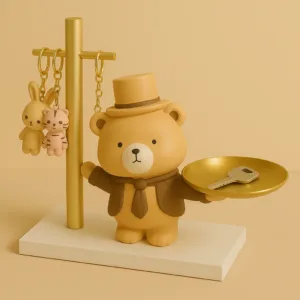 HOME DECOR Adorable Bear Butler Key Holder & Trinket Tray with Hanging Hooks – Cute Resin Organizer Stand for Desk, Entryway & Kids Room