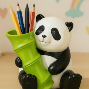 HOME DECOR Cute Panda Pencil Holder with Bamboo Design | Kids Desk Organizer for Stationery, Pens, Pencils | Cartoon Animal Pen Stand for Study Table, School, Office & Gifting